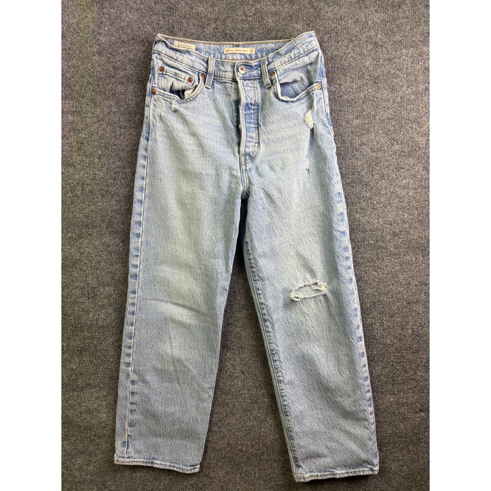 Levi's Ribcage Straight Ankle Jeans Women 26 Light Wash‎ Distressed High Rise